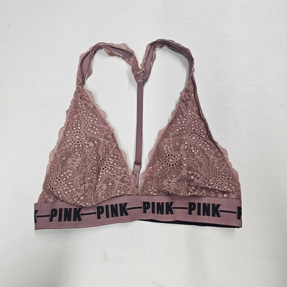 PINK Women Bra‎ Medium Mauve Floral Adjustable Bralette Wireless Lace Pullover
